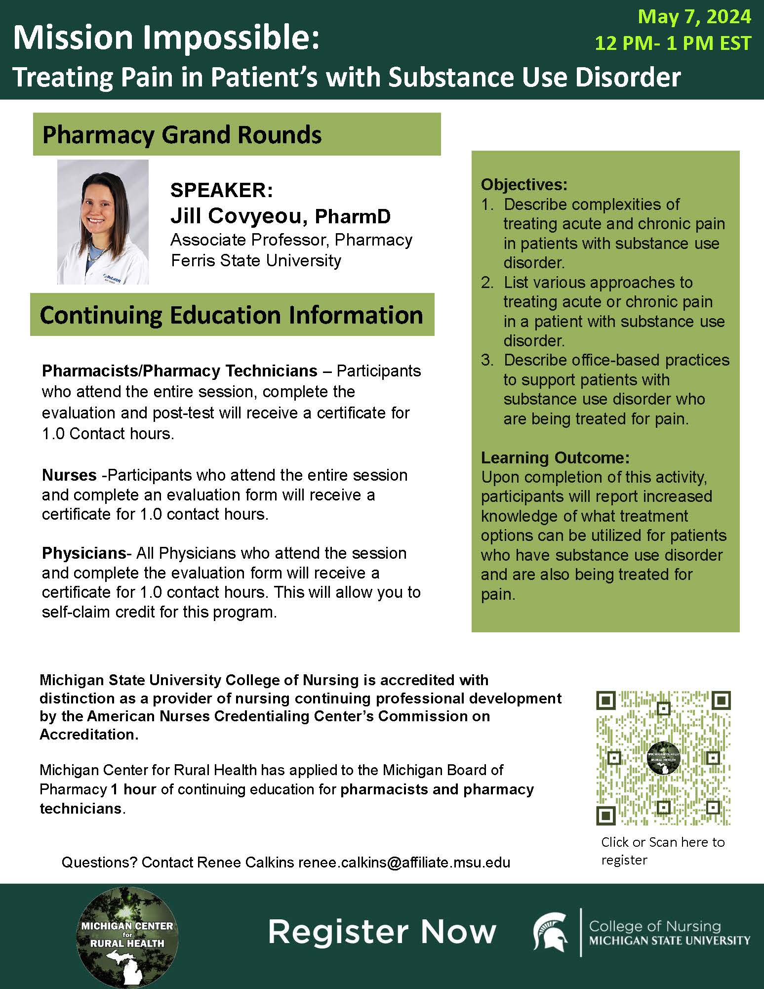 May 7th Pharmacy Grand Rounds Flyer 