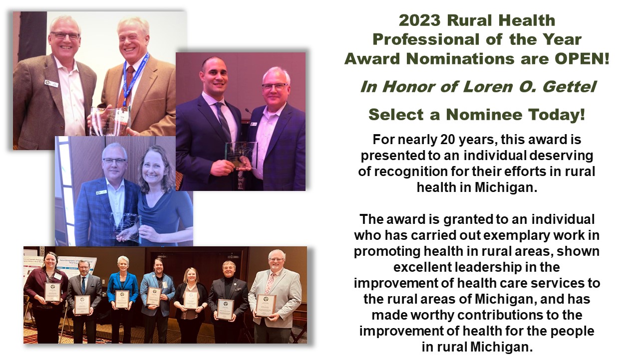 photos of past winners of the rural health professional of the year award and text describing the award