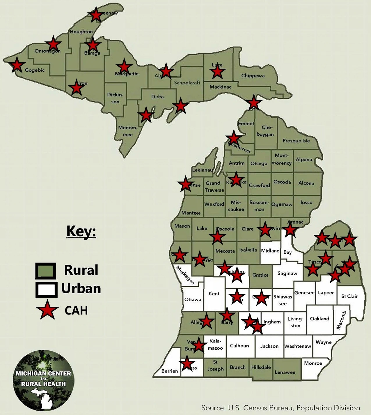 Map of Michigan with red stars with at the location of each Critical access hospital.  