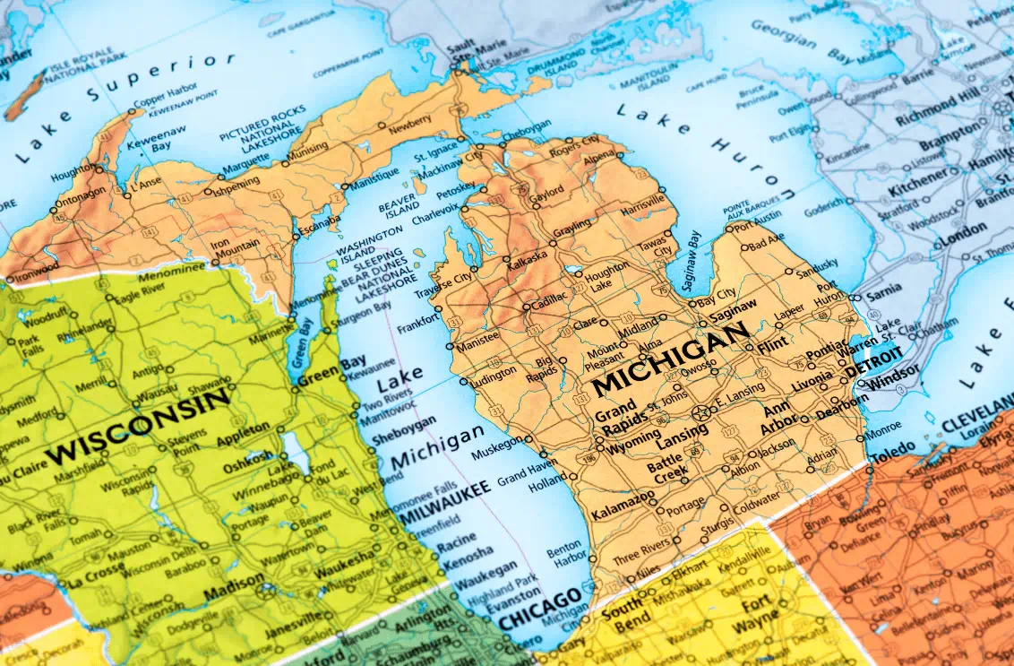 map of Michigan and surrounding states