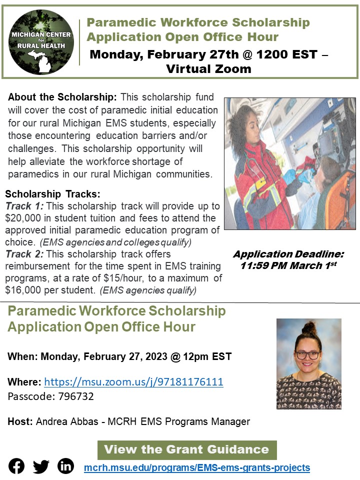 February 27 Paramedic Workforce Scholarship Application Open Office Hour Flyer